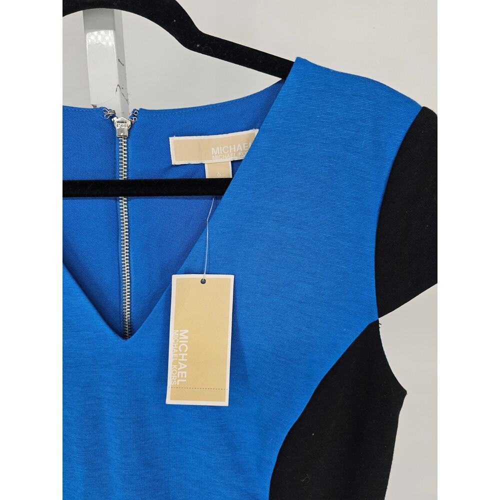 Michael Kors Womens Sz 6 Knee Length Career Dress Black Blue V Neck Short Sleeve - Picture 2 of 4